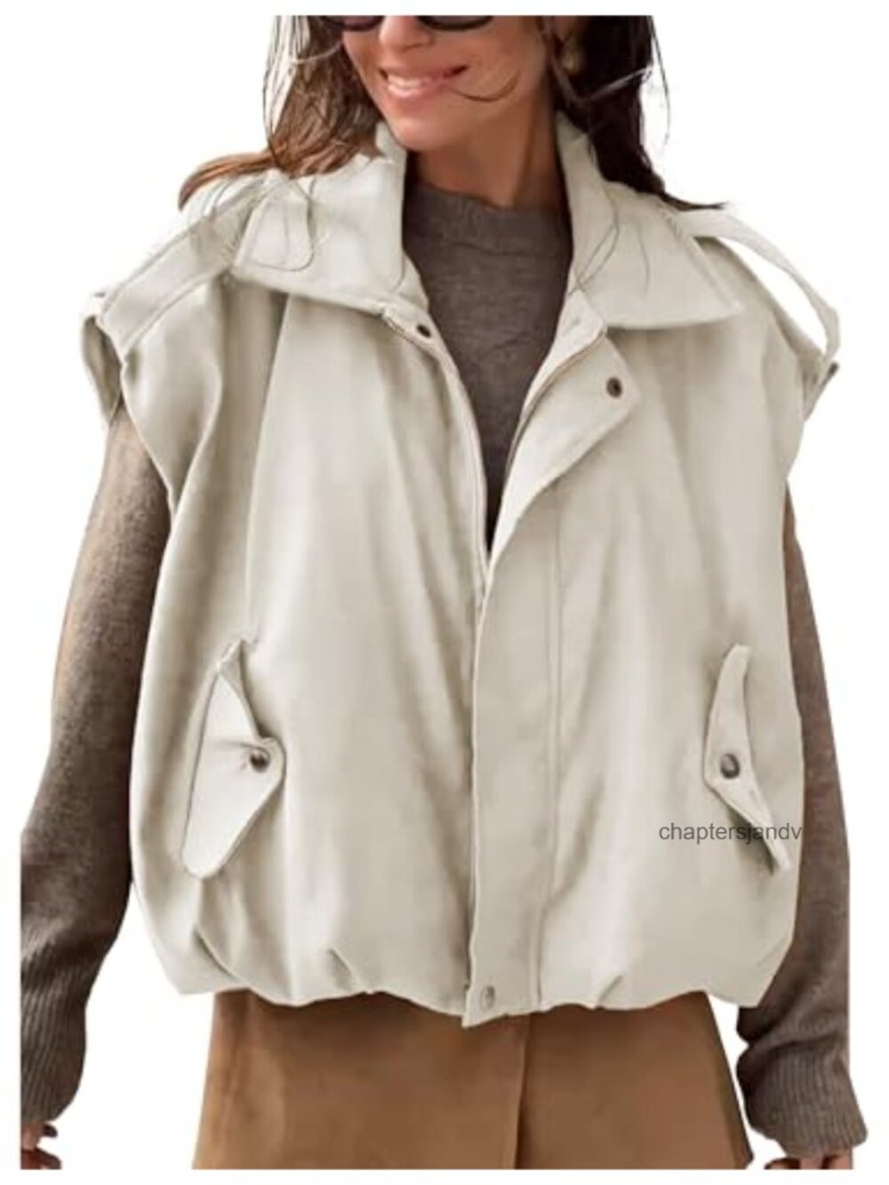 Faux Suede Cropped Vest Oversized Sleeveless Zip Jacket